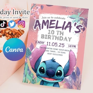 Faire-part d'anniversaire modifiable imprimable personnalisé, invitation d'anniversaire Lilo and Stitch, modèle d'invitation de fête Stitch, toile d'anniversaire fille Stitch