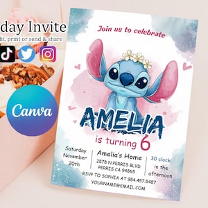 Editable Stitch Birthday Invitation Template, Printable Birthday Party Invitations, Digital Kids Party Invite Boys & Girls Bday Card Evite