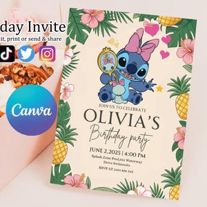 Custom Printable Editable Stitch Invitation, Lilo And Stitch Birthday Invite, Stitch Party Invite Template, Stitch Birthday Girl Canva Edit