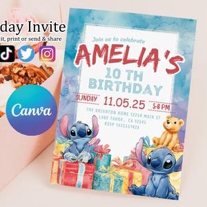 Faire-part d'anniversaire modifiable imprimable personnalisé, invitation d'anniversaire Lilo and Stitch, modèle d'invitation de fête Stitch, toile d'anniversaire fille Stitch