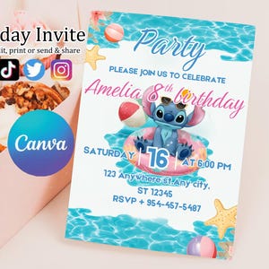 Stitch Pool Party Birthday Invitation for Girl Editable Stitch and Angel Pool Invitation Hawaii party birthday invitation girl party