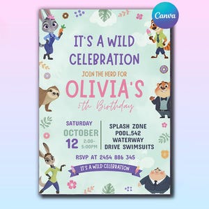 K&ouml;nnte beinhalten: Hellblaue Einladung mit Zeichentrickfiguren und dem Text "It's a Wild Celebration" f&uuml;r Olivias 5. Geburtstag. Die Einladung enth&auml;lt Datum, Uhrzeit und Ortsangaben.