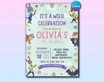 Zootopia 2 Birthday Invitation Template, Zootropolis Party Invite, Judy Hopps & Nick Wilde Card | Editable Canva Digital Download