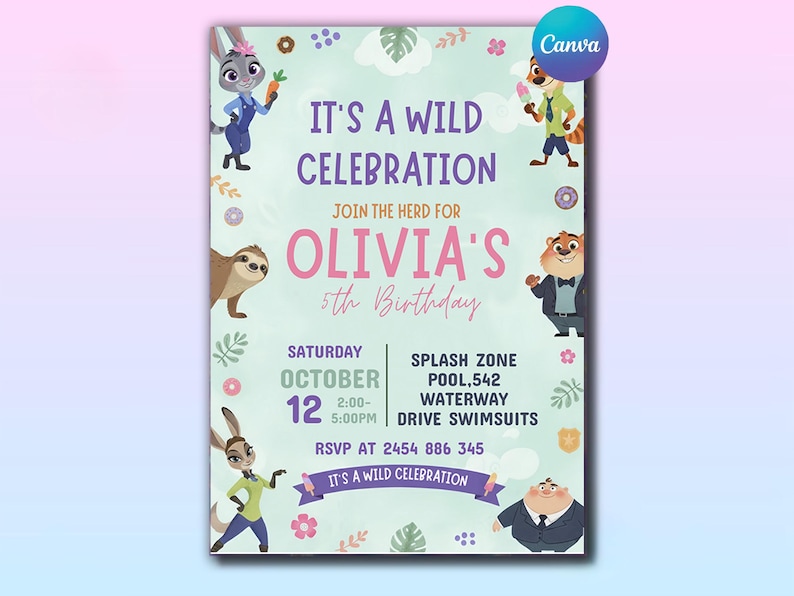 K&ouml;nnte beinhalten: Hellblaue Einladung mit Zeichentrickfiguren und dem Text "It's a Wild Celebration" f&uuml;r Olivias 5. Geburtstag. Die Einladung enth&auml;lt Datum, Uhrzeit und Ortsangaben.