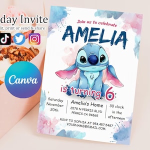 Editable Stitch Birthday Invitation Template, Printable Birthday Party Invitations, Digital Kids Party Invite Boys & Girls Bday Card Evite