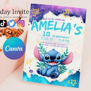 Faire-part d'anniversaire modifiable imprimable personnalisé, invitation d'anniversaire Lilo and Stitch, modèle d'invitation de fête Stitch, toile d'anniversaire fille Stitch