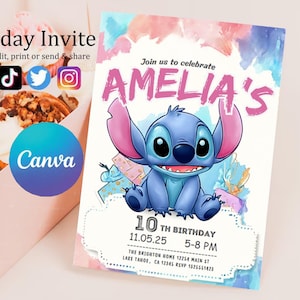 Convite personalizado editável para impressão, convite de aniversário de Lilo e Stitch, modelo de convite para festa de Stitch, aniversariante de Stitch Canva Edit