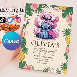 Custom Printable Editable Stitch Invitation, Lilo And Stitch Birthday Invite, Stitch Party Invite Template, Stitch Birthday Girl Canva Edit