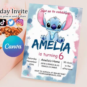 Editable Stitch Birthday Invitation Template, Printable Birthday Party Invitations, Digital Kids Party Invite Boys & Girls Bday Card Evite