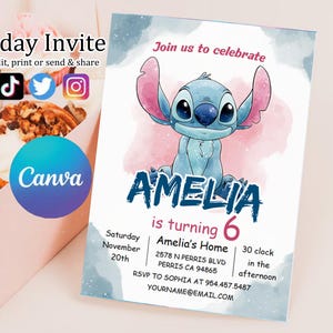Editable Stitch Birthday Invitation Template, Printable Birthday Party Invitations, Digital Kids Party Invite Boys & Girls Bday Card Evite