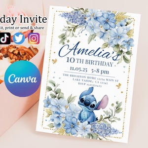 Faire-part d'anniversaire modifiable imprimable personnalisé, invitation d'anniversaire Lilo and Stitch, modèle d'invitation de fête Stitch, toile d'anniversaire fille Stitch
