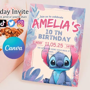 Faire-part d'anniversaire modifiable imprimable personnalisé, invitation d'anniversaire Lilo and Stitch, modèle d'invitation de fête Stitch, toile d'anniversaire fille Stitch