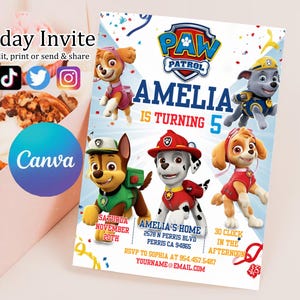 Editable Paw-ty Birthday Invitation Template | Puppy Patrol Pup Crew Boys & Girls Bday | Kids Printable Party Invitation | Instant Download