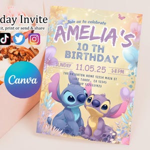 Faire-part d'anniversaire modifiable imprimable personnalisé, invitation d'anniversaire Lilo and Stitch, modèle d'invitation de fête Stitch, toile d'anniversaire fille Stitch