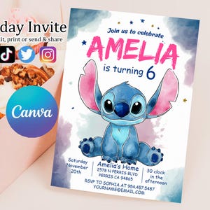 Editable Stitch Birthday Invitation Template, Printable Birthday Party Invitations, Digital Kids Party Invite Boys & Girls Bday Card Evite
