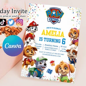 Editable Paw-ty Birthday Invitation Template | Puppy Patrol Pup Crew Boys & Girls Bday | Kids Printable Party Invitation | Instant Download