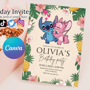 Custom Printable Editable Stitch Invitation, Lilo And Stitch Birthday Invite, Stitch Party Invite Template, Stitch Birthday Girl Canva Edit