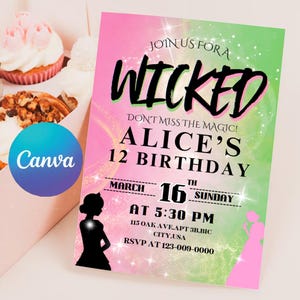 EDITIERBARE Wicked Geburtstagsfeier-Einladung, rosa und grüne Party, digitale Wicked Party Movie Ticket, Wicked Movie Ticket Einladung