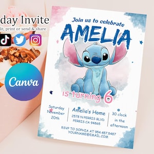 Editable Stitch Birthday Invitation Template, Printable Birthday Party Invitations, Digital Kids Party Invite Boys & Girls Bday Card Evite
