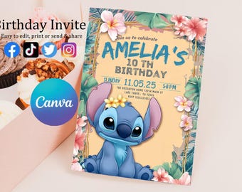 Custom Printable Editable Stitch Invitation, Lilo And Stitch Birthday Invite, Stitch Party Invite Template, Stitch Birthday Girl Canva Edit