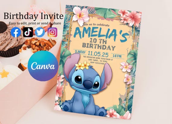 Custom Printable Editable Stitch Invitation, Lilo And Stitch Birthday Invite, Stitch Party Invite Template, Stitch Birthday Girl Canva Edit