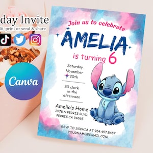Editable Stitch Birthday Invitation Template, Printable Birthday Party Invitations, Digital Kids Party Invite Boys & Girls Bday Card Evite