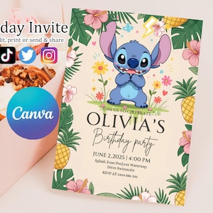 Custom Printable Editable Stitch Invitation, Lilo And Stitch Birthday Invite, Stitch Party Invite Template, Stitch Birthday Girl Canva Edit