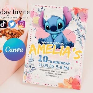Faire-part d'anniversaire modifiable imprimable personnalisé, invitation d'anniversaire Lilo and Stitch, modèle d'invitation de fête Stitch, toile d'anniversaire fille Stitch
