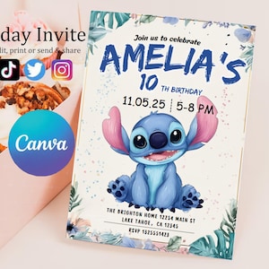 Custom Printable Editable Stitch Invitation, Lilo And Stitch Birthday Invite, Stitch Party Invite Template, Stitch Birthday Girl Canva Edit