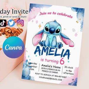 Editable Stitch Birthday Invitation Template, Printable Birthday Party Invitations, Digital Kids Party Invite Boys & Girls Bday Card Evite