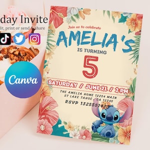Faire-part d'anniversaire modifiable imprimable personnalisé, invitation d'anniversaire Lilo and Stitch, modèle d'invitation de fête Stitch, toile d'anniversaire fille Stitch