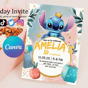 Faire-part d'anniversaire modifiable imprimable personnalisé, invitation d'anniversaire Lilo and Stitch, modèle d'invitation de fête Stitch, toile d'anniversaire fille Stitch