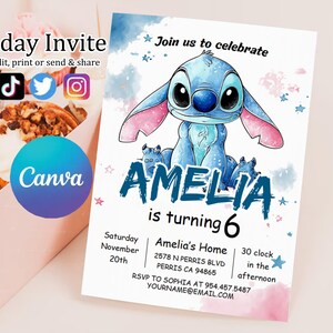 Editable Stitch Birthday Invitation Template, Printable Birthday Party Invitations, Digital Kids Party Invite Boys & Girls Bday Card Evite