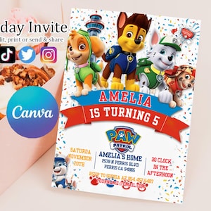 Editable Paw-ty Birthday Invitation Template | Puppy Patrol Pup Crew Boys & Girls Bday | Kids Printable Party Invitation | Instant Download