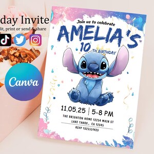 Faire-part d'anniversaire modifiable imprimable personnalisé, invitation d'anniversaire Lilo and Stitch, modèle d'invitation de fête Stitch, toile d'anniversaire fille Stitch