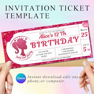 Pink Fashion Doll Birthday Party Invitation, Girl Invitation, Pink Sparkle Invite, Instant Digital Download, DIY Printable Editable Template