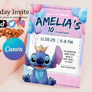Faire-part d'anniversaire modifiable imprimable personnalisé, invitation d'anniversaire Lilo and Stitch, modèle d'invitation de fête Stitch, toile d'anniversaire fille Stitch