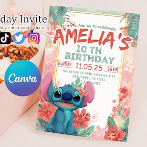 Faire-part d'anniversaire modifiable imprimable personnalisé, invitation d'anniversaire Lilo and Stitch, modèle d'invitation de fête Stitch, toile d'anniversaire fille Stitch