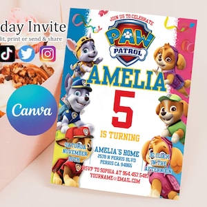 Editable Paw-ty Birthday Invitation Template | Puppy Patrol Pup Crew Boys & Girls Bday | Kids Printable Party Invitation | Instant Download