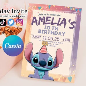 Faire-part d'anniversaire modifiable imprimable personnalisé, invitation d'anniversaire Lilo and Stitch, modèle d'invitation de fête Stitch, toile d'anniversaire fille Stitch