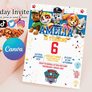 Editable Paw-ty Birthday Invitation Template | Puppy Patrol Pup Crew Boys & Girls Bday | Kids Printable Party Invitation | Instant Download