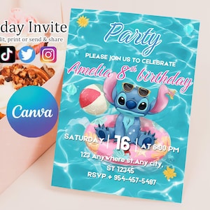 Stitch Pool Party Birthday Invitation for Girl Editable Stitch and Angel Pool Invitation Hawaii party birthday invitation girl party