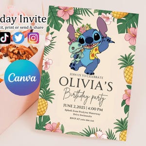Faire-part d'anniversaire modifiable imprimable personnalisé, invitation d'anniversaire Lilo and Stitch, modèle d'invitation de fête Stitch, toile d'anniversaire fille Stitch