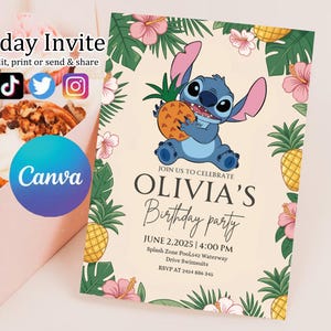 Custom Printable Editable Stitch Invitation, Lilo And Stitch Birthday Invite, Stitch Party Invite Template, Stitch Birthday Girl Canva Edit