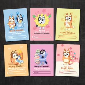 Cartões de Páscoa Bluey, Cartões de Páscoa para Crianças para a Escola, Páscoa Bluey e Bingo, Cartão de Personagem Chilli, Festa de Páscoa em Sala de Aula