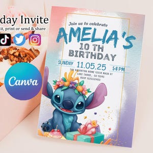 Faire-part d'anniversaire modifiable imprimable personnalisé, invitation d'anniversaire Lilo and Stitch, modèle d'invitation de fête Stitch, toile d'anniversaire fille Stitch