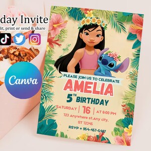 Faire-part d'anniversaire modifiable imprimable personnalisé, invitation d'anniversaire Lilo and Stitch, modèle d'invitation de fête Stitch, toile d'anniversaire fille Stitch