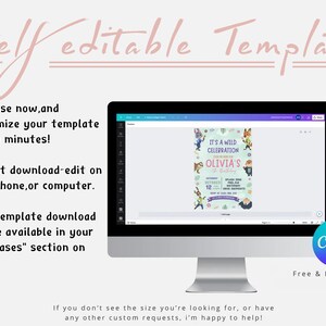 K&ouml;nnte beinhalten: Ein Computermonitor zeigt eine anpassbare Geburtstagseinladungsvorlage. Der Text "Self editable Template" steht oben. Anweisungen umfassen sofortigen Download und Bearbeitung auf einem Telefon oder Computer. Das Canva-Logo ist sichtbar.