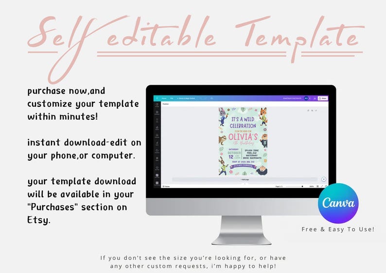 K&ouml;nnte beinhalten: Ein Computermonitor zeigt eine anpassbare Geburtstagseinladungsvorlage. Der Text "Self editable Template" steht oben. Anweisungen umfassen sofortigen Download und Bearbeitung auf einem Telefon oder Computer. Das Canva-Logo ist sichtbar.