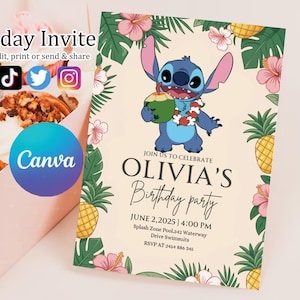 Custom Printable Editable Stitch Invitation, Lilo And Stitch Birthday Invite, Stitch Party Invite Template, Stitch Birthday Girl Canva Edit